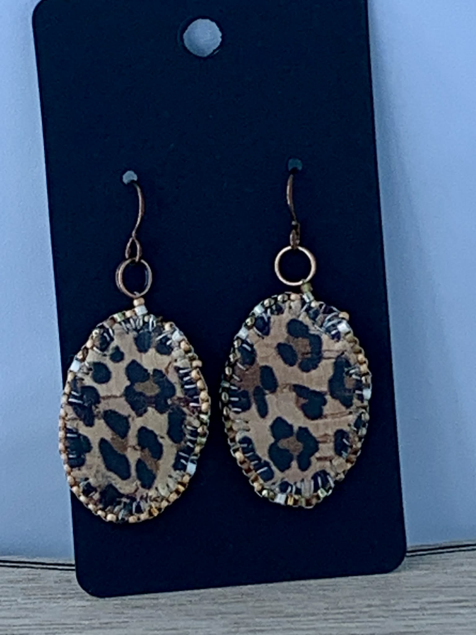 Medium Oval Leopard Cork Earrings