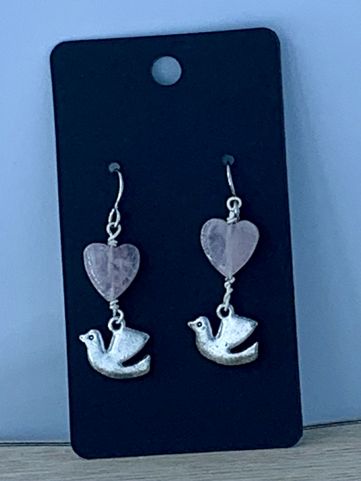 Rose Quartz Heart Dove Earrings